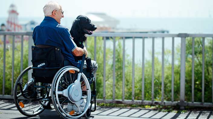 älterer Mann im Rollstuhl mit Hund schaut über ein Geländer auf einen See