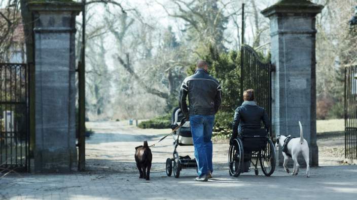 Christiane im Rollstuhl bei Sparziergang mit Mann, Kinderwagen und Hunden