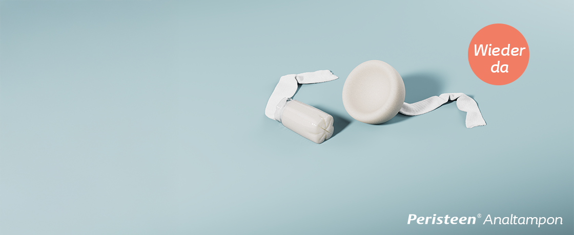 Peristeen Analtampon auf blauem Hintergrund mit Text NEu